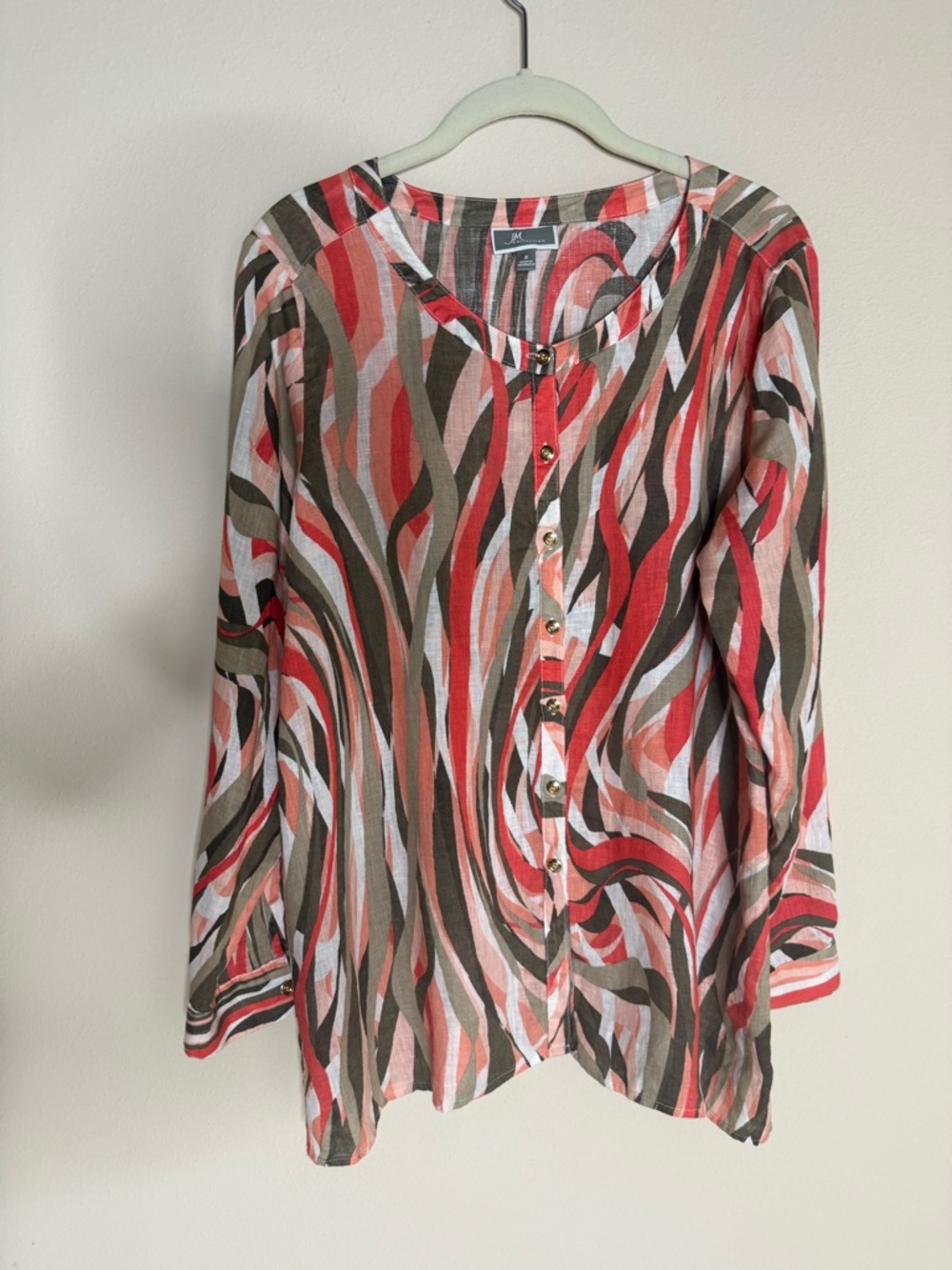 JM Collection Linen Top SZ  8 Abstract Print Button  Down Long Sleeve Blouse